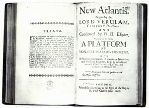 صفحات العنوان لفرانسيس بيكونز نيو أتلانتس ، طبعة نُشرت عام 1660 (مطبوعة) بواسطة مدرسة اللغة الإنجليزية