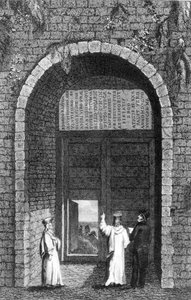 شاهد قبر السفير البريطاني إدوارد بارتون (ت 1559) فوق بوابة دير في جزر الأمراء ، من مقر الإقامة في القسطنطينية بقلم روبرت والش ، 1836 بواسطة مدرسة اللغة الإنجليزية