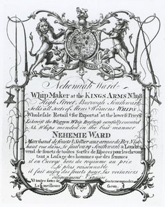 بطاقة تجارية لـ Nehemiah Ward، Southwark whipmaker بواسطة مدرسة اللغة الإنجليزية