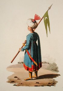 جندي تركي ، من "أزياء الأمم المختلفة" ، المجلد السابع ، "الزي العسكري لتركيا" ، بقلم توماس ماكلين ، نُشر عام 1800-18 (مائي ملون يدويًا) بواسطة مدرسة اللغة الإنجليزية