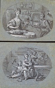 مشهدان محليان ، c.1725 (طباشير أبيض وأسود على ورق أزرق) بواسطة مدرسة اللغة الإنجليزية