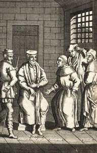 رهبان إسبانيان يتحدثان مع السيد برادفورد ، رسم توضيحي من شهداء الثعالب c.1703 99: كتاب الشهداء الثعالب ؛ جون فوكس ؛ c17th ؛ الثعالب. بواسطة مدرسة اللغة الإنجليزية