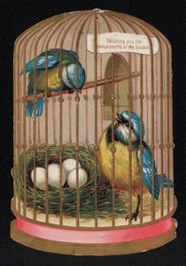 اثنين من الثدي الأزرق في قفص ، بطاقة تهنئة بعيد الميلاد (chromolitho) بواسطة مدرسة اللغة الإنجليزية