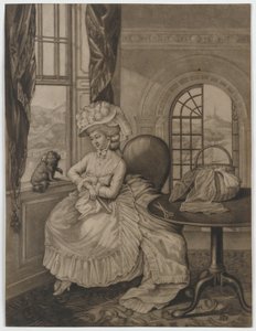 بدون عنوان (امرأة تجلس في نافذة بشأن كلب صغير) ، ج .1780 (mezzotint) بواسطة مدرسة اللغة الإنجليزية