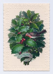 Victorian Christmas and New Year card of a robin in a bouquet of holly leaves, c.1880 (colour litho) بواسطة مدرسة اللغة الإنجليزية