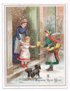 Victorian New Year card of a maid holding on to a little girl as she buys flowers from a flower seller in the falling snow, c.1880 (colour litho) بواسطة مدرسة اللغة الإنجليزية