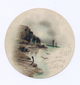 Victorian circular New Year card of a seascape with two yachts on a moonlit night, c.1880 (colour litho) بواسطة مدرسة اللغة الإنجليزية