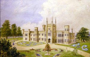 منظر لمنزل ريفي على الطراز القوطي مع حديقة رسمية ، حوالي عام 1840 (ألوان مائية على ورق) بواسطة مدرسة اللغة الإنجليزية