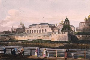 منظر لقصر الكرملين الإمبراطوري في موسكو ، اللوحة 7 من "رسم تخطيطي تاريخي لموسكو" ، حانة. بواسطة رودولف أكرمان (1764-1834) 1813 (أكواتينت) بواسطة مدرسة اللغة الإنجليزية