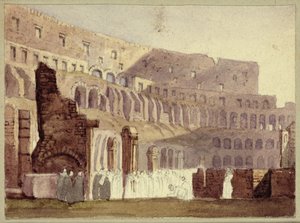 منظر للكولوسيوم الروماني ، c.1800 (مرحاض وقلم رصاص على ورق) بواسطة مدرسة اللغة الإنجليزية
