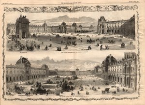 مناظر من Cour Carree du Louvre في باريس. نقش في "أخبار لندن المصورة" بتاريخ ١٥ أغسطس ١٨٥٧. بواسطة مدرسة اللغة الإنجليزية