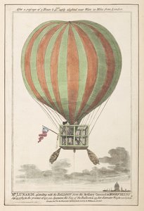 فنسنت لوناردي محمول جواً بعد صعوده من مورفيلدز ، سبتمبر 1784 (نقش ملون) بواسطة مدرسة اللغة الإنجليزية