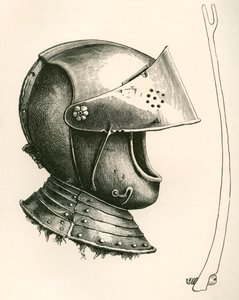 يعود تاريخ الخوذة المرصودة إلى عام 1643. القطعة الموجودة على الجانب هي دعامة القناع ، بالحجم الكامل ، تُستخدم للحفاظ على الحاجب من زوايا مختلفة وفقًا للشق المستخدم ، من The British Army: Its Origins، Progress and Equipment ، نُشر عام 1868. بواسطة مدرسة اللغة الإنجليزية