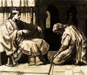 ذهب Waltheof إلى نورماندي لطلب عفو من الملك ويليام (الغواش على الورق) بواسطة مدرسة اللغة الإنجليزية