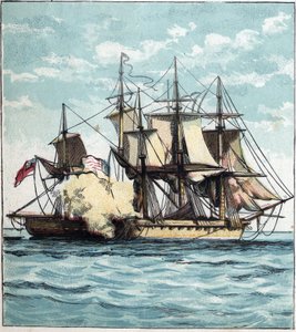 حرب 1812 بين الولايات المتحدة وبريطانيا العظمى: تشيسابيك فريجيت أثناء المعركة البحرية ضد الفرقاطة البريطانية "شانون" في 1/06/1813 قبالة بوسطن. "تشيسابيك وشانون" بواسطة مدرسة اللغة الإنجليزية