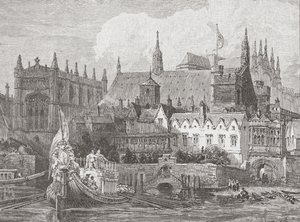 قاعة ويستمينستر التي شوهدت من نهر التايمز في عهد تشارلز الأول ، 1625-49 بواسطة مدرسة اللغة الإنجليزية