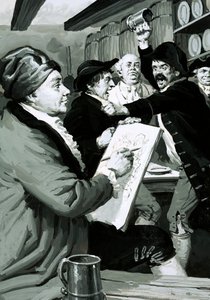 أول رسم ساخر لـ William Hogarth مستوحى من شجار حانة (غواش على ورق) بواسطة مدرسة اللغة الإنجليزية