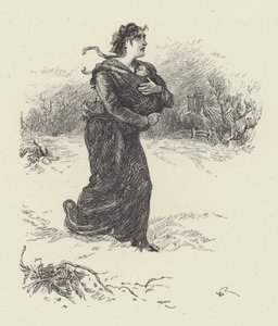 المرأة، ب، إمرأة، إلى داخل، تساقط الثلج، (engraving) بواسطة مدرسة اللغة الإنجليزية