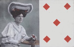 Woman with playing cards and the five of diamonds (colour litho) بواسطة مدرسة اللغة الإنجليزية