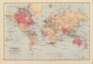 العالم يُظهر الحيازات والأقاليم التابعة لبريطانيا (مطبوعة حجرية ملونة) بواسطة مدرسة اللغة الإنجليزية