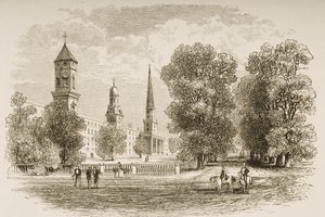 كلية ييل ، نيو هافن ، في عام 1870 ، من "الصور الأمريكية" التي نشرتها جمعية المسالك الدينية ، 1876 بواسطة مدرسة اللغة الإنجليزية