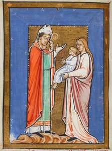 ييتس طومسون 26 f.62v سانت كوثبرت شفاء طفل من الطاعون ، رسم توضيحي من "الحياة النثرية للقديس كوثبرت" ، بقلم بيد (ورق) بواسطة مدرسة اللغة الإنجليزية