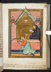 Yates Thompson Ms 26، f.79 r Cripple يصلي عند قبر القديس كوثبرت ، رسم توضيحي من "Bede، Prose Life of Cuthbert" (ورق) بواسطة مدرسة اللغة الإنجليزية