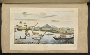 f.75 (اللوحة 86) مشهد نهر في جاوة به قوارب ، بما في ذلك قارب برأس تنين بواسطة مدرسة اللغة الإنجليزية