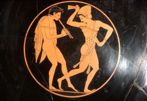 كوب الشرب ، Kylix of Girl Dancing مع الشباب الذين يعزفون على الفلوت ، العلية ، c510 قبل الميلاد بواسطة ملحمة