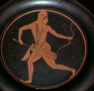 صفيحة علوية عليها صورة لرامي السهام في ثوب محشوش ، القرن الخامس قبل الميلاد بواسطة Epictetos