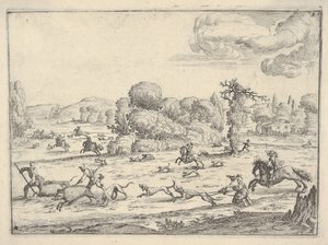 صيد الخنزير في منظر طبيعي ، كاليفورنيا. 1620-38.