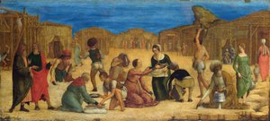 "حصاد المن في صحراء سيناء" - De Ercole Roberti (Ercole Ferrarese) (حوالي 1450-1496) الإسرائيليون يجمعون مانا تمبرا على القماش بالمتحف الوطني في تسعينيات القرن التاسع عشر ، لندن 28،9x63،5 بواسطة إركول دي روبرتتي