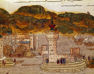منظر لميناء كاندي (هيراكليون الحالية) في صفحة كريت من كتاب الرحلات "" peregrinatio in terram sanctam "" "" بعد الحج في الأرض المقدسة لبرنارد دي بريدينباخ (بريدينباخ) (1454-1497) موضحة بواسطة نقوش بواسطة إرهارد ري بواسطة إيرهارد ريويتش