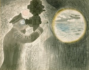 ضابط غواصة (غواصة) ينظر من خلال المنظار. ألوان مائية وقلم رصاص على ورق بواسطة إريك رافيليوس