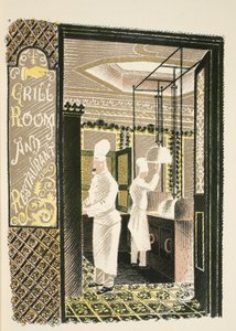مطعم وغرفة شواء ، رسم توضيحي من "High Street" من تأليف JM Richards ، طبعه مطبعة Curwen ، الحانة. بواسطة Country Life ، 1938 بواسطة إريك رافيليوس