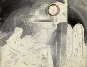 مقصورة (أو مربع) كبار ضباط غواصة (غواصة). سلسلة أقلام رصاص رسمها إريك رافيليوس (1903-1942)، على متن غواصة أثناء الحرب العالمية الثانية (1939-1945) بواسطة إريك رافيليوس