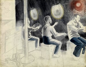 غرفة التحكم في الغوص، أثناء غمر الغواصة. سلسلة رسومات إيريك رافيليوس (1903-1942) بقلم الرصاص، على متن غواصة أثناء الحرب العالمية الثانية (1939-1945) بواسطة إريك رافيليوس