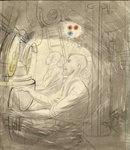 غرفة التحكم في الغوص في غواصة. سلسلة رسومات إيريك رافيليوس (1903-1942) بقلم الرصاص، على متن غواصة أثناء الحرب العالمية الثانية (1939-1945) بواسطة إريك رافيليوس