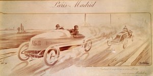 سباق السيارات: "باريس مدريد": الفائز غابرييل في سيارة مورس المجهزة بإطارات ميشلان "" التوضيح 1903 بواسطة إرنست مونتوت