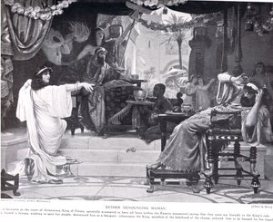 أستير تستنكر هامان ، توضيح من `` تاريخ هاتشينسون للأمم &39;&39; ، ج .1910