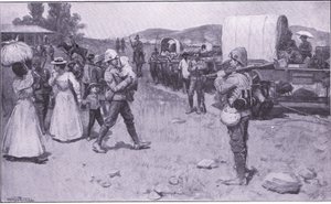 الجنود البريطانيون يساعدون اللاجئين البوير ، التوضيح من بعد بريتوريا: حرب العصابات ، 1902 بواسطة إرنست براتر