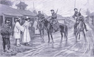 الكشافة القوزاق جمع المعلومات من الأسير الكوري ، التوضيح من Casells History of Russo-Japanese War Vol 1 ، c.1900 بواسطة إرنست براتر