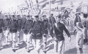 مسيرة يابانية عبر Tokio ، التوضيح من Casells History of Russo-Japanese War Vol 1 ، c.1900 بواسطة إرنست براتر
