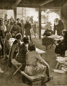 تأسيس كامبريدج عام 1109 ، رسم توضيحي من "قصة هتشنسون عن الأمة البريطانية" ، ج .1923 بواسطة إرنست براتر