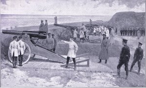 استثمار بورت آرثر. في أحد الموانئ التي تحرس الميناء الروسي ، التوضيح من Casells History of Russo-Japanese War Vol 1 ، c.1900 بواسطة إرنست براتر