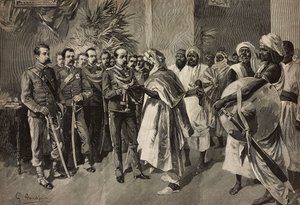 الجنرال تانكريدي ساليتا يقدم السيف إلى كانتيباي ، رئيس أباب ، مصوع ، الحرب الإريترية ، نقش لإرنستو مانكاستروببا من الرسم بقلم جي أماتو ، من L