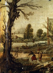 الشتاء ، التفاصيل (الشتاء). لوحة لـ Esalas van de Velde (1591-1630). زيت على خشب ، ٣٧ ٫ ٥ × ٣٥ ٫ ٥ سم
