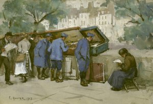 الجنود الفرنسيون و Bouquinistes على طول نهر السين ، 1917 (مرحاض على ورق رمادي فاتح) بواسطة إثيل هنتر