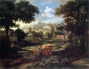 "منظر طبيعي مع موسى منقذ من مياه النيل" (منظر طبيعي مع موسى محفوظ من النيل) رسم بواسطة إتيان أليجرين (1653-1736) متحف هيرميتاج ، سانت بطرسبرغ.