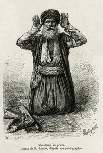 دعاء المسلم. نقش لإي رونجت ، لتوضيح La Syria d'aujourd'hui ، بواسطة M.Lortet ، عميد كلية الطب في ليون ، المكلف بمهمة علمية من قبل وزارة التعليم العام ، نُشرت في Tour du monde ، تحت اتجاه